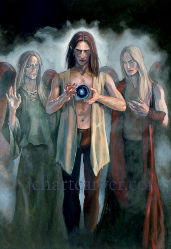 fantasy art cover of Sufferborn featuring three elves, Dorhen, Daghahen, and Lamrhath