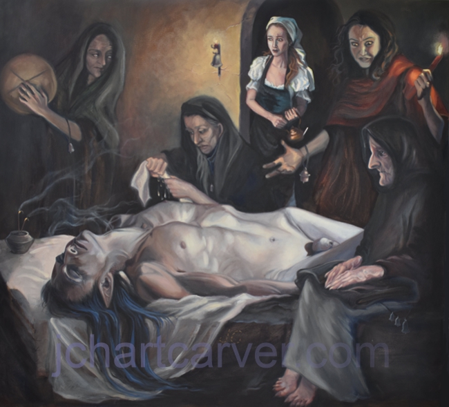 Fantasy art illustration by J.C. Hartcarver featuring Kalea witnessing Wikshen rising from the dead