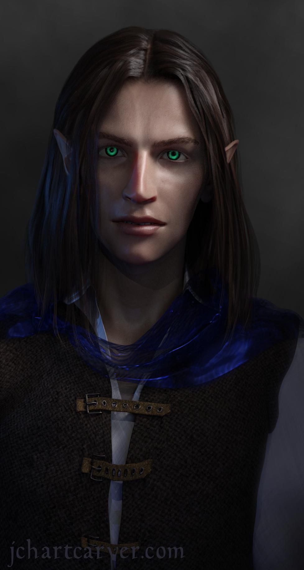 Dorhen from the Sufferborn series. Fantasy elf with brown hair, glowing eyes, and a magical blue scarf.