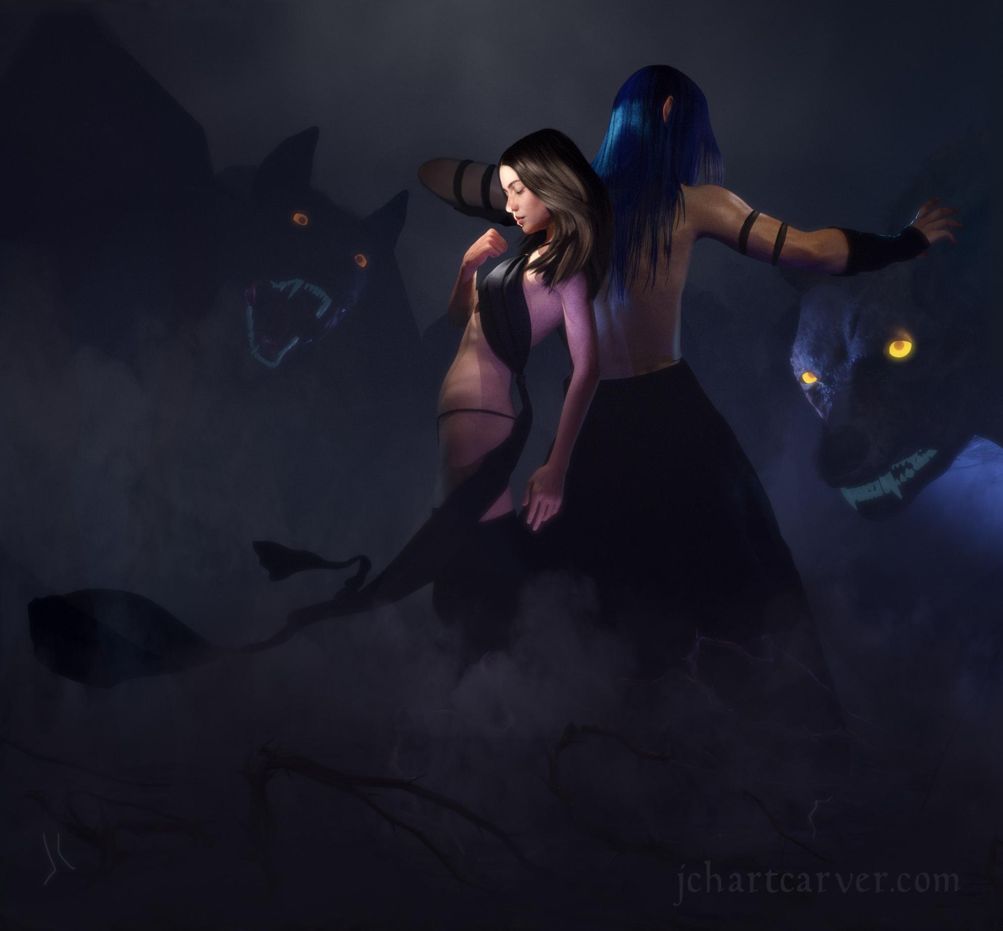 Blue-haired elf and scantily clad woman battle giant dog-monsters in a dark misty atmosphere.