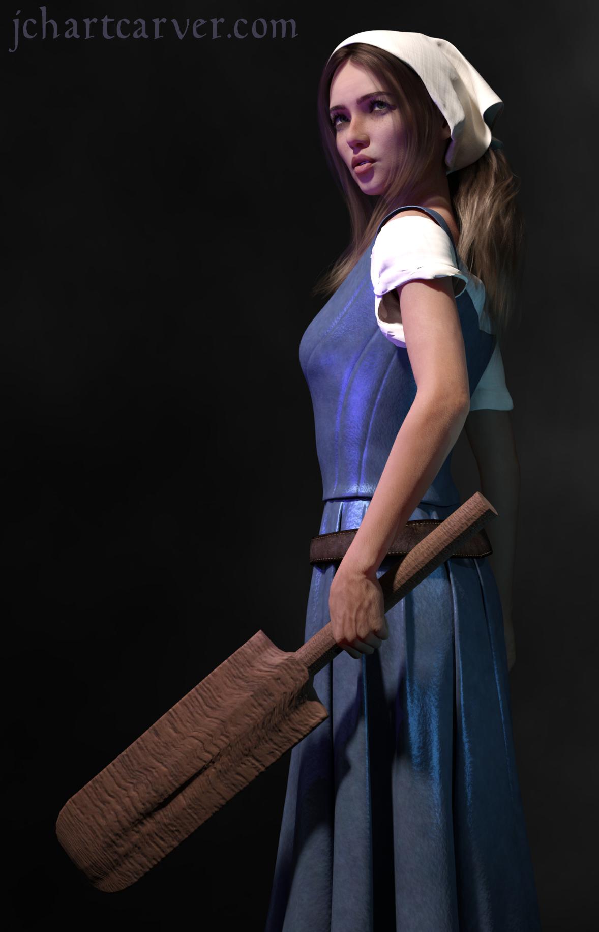 3D render of strong female hero posing with a washing bat. Kalea from the Sufferborn series.