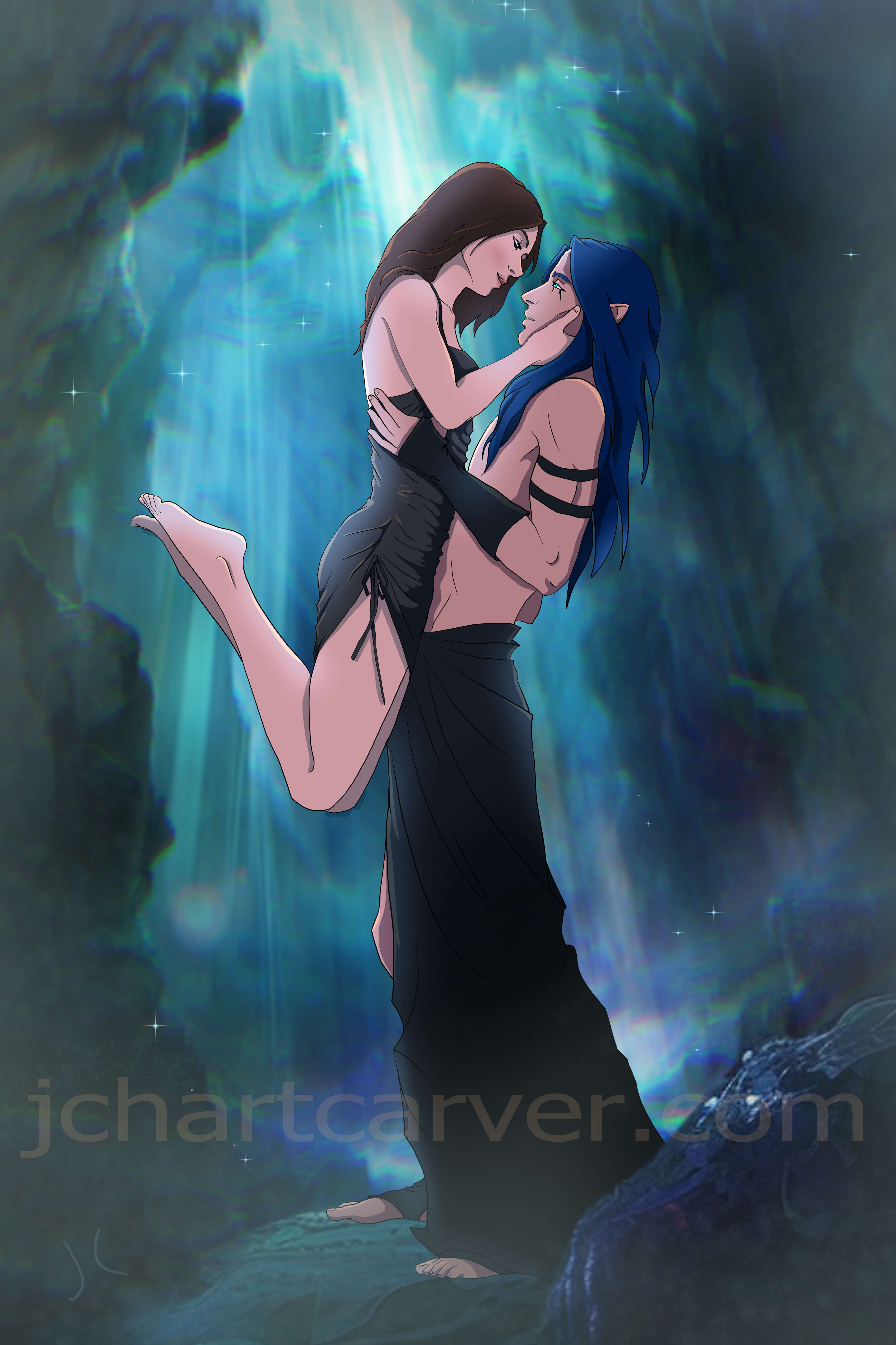 Wikshen and Kalea from Sufferborn. Elf with blue hair, wearing a long black kilt, hoists up an attractive woman in a slinky black dress in an underground cavern.