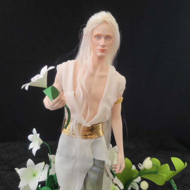 Remenaxice from Sufferborn and Elves Unwelcome as a 3d printed sculpture assembled with organic clothing and hair, and hand painted.