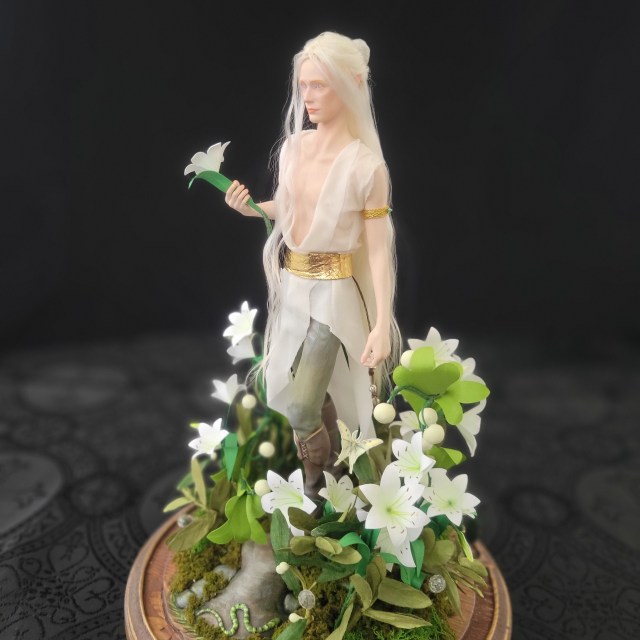 Remenaxice from Sufferborn and Elves Unwelcome as a 3d printed sculpture assembled with organic clothing and hair, and hand painted.