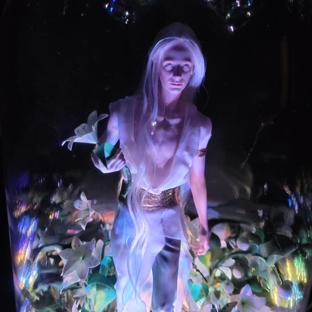 Remenaxice from Sufferborn and Elves Unwelcome as a 3d printed sculpture assembled under a glass dome with paper lilies and RGB lights.